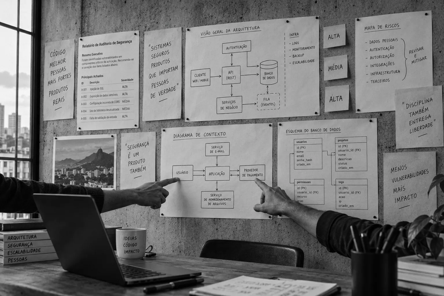 Parede de trabalho com páginas de um relatório de auditoria, diagramas de arquitetura e notas de gravidade